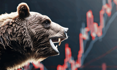 A bearish stock market concept showing a roaring bear with red candlestick charts in the background, symbolizing market pullback or correction.